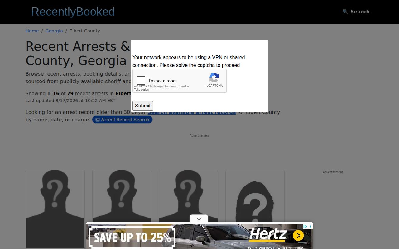 Unofficial Elbert County recent booking archive used as a secondary record lead