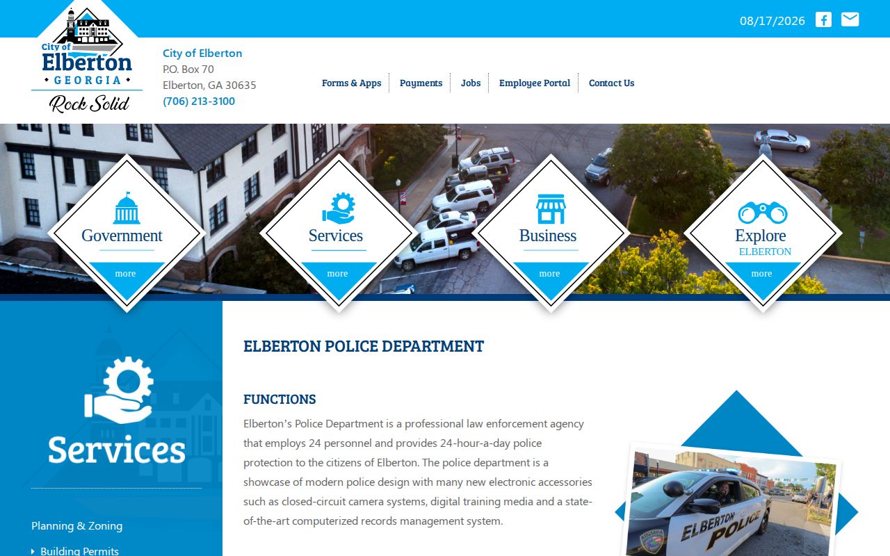 Elberton Police Department report access page for Elbert County arrest records