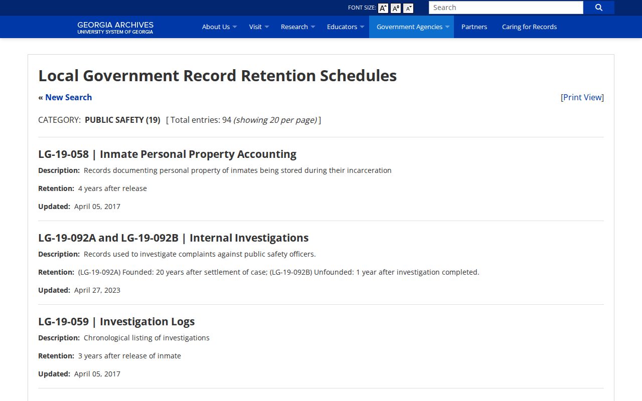 Georgia Archives jail booking record retention schedule for Elbert County records